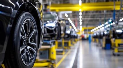 Fototapeta premium Automobile Manufacturing Process with Black Cars on Production Line and Assembly : Generative AI