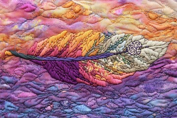 Vibrant Embroidery of Leaf Design on Colorful Fabric Background