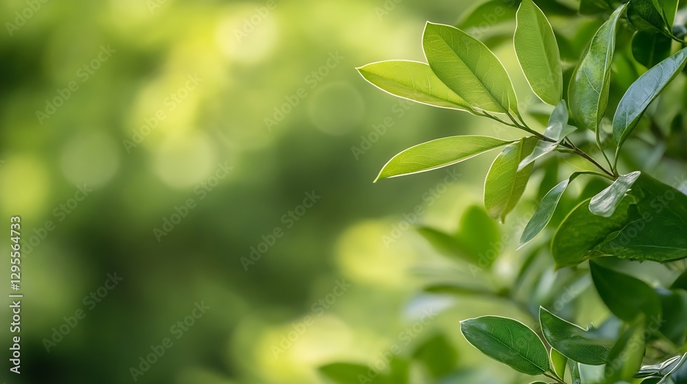 Poster bright green leaves with soft focus background and natural light : generative ai