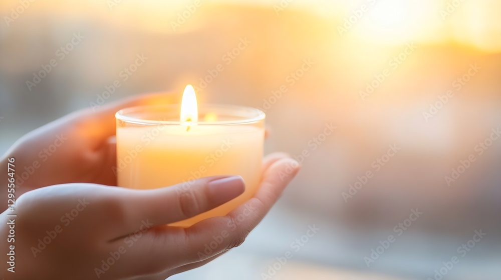 Aufkleber elegant candle in hands shining with soft light during sunset : generative ai