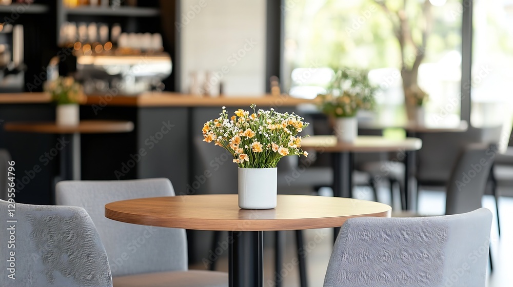 Poster charming cafe table with a vase of cheerful flowers and bright natural light streaming in : generati