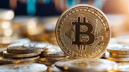 Shiny Bitcoin Coin Positioned on Stacked Currency and Digital Gains : Generative AI