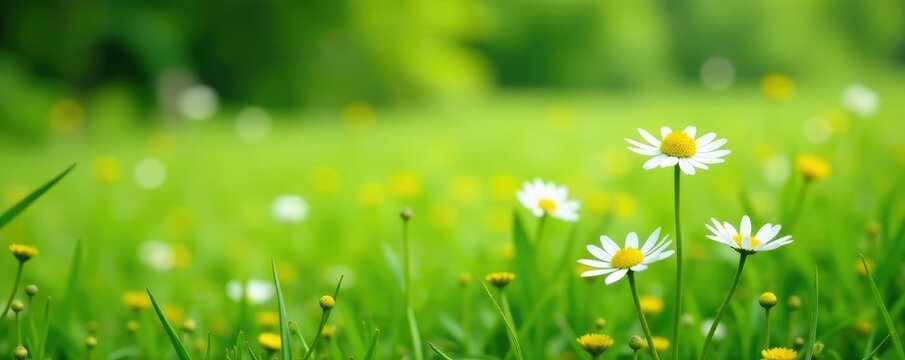 White daisies sway in the wind amidst a lush green meadow, meadow scene, nature photography, wildflowers