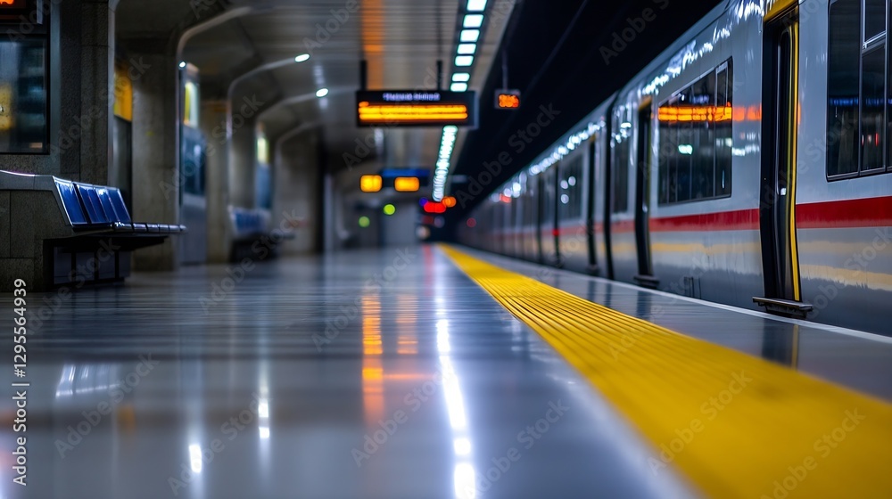 Aufkleber Modern empty subway station platform with bright lights and sleek trains creating a sense of travel and exploration : Generative AI