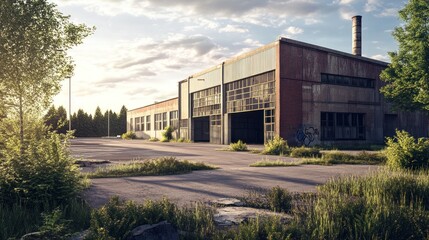 Obraz premium Abandoned industrial building shows signs of neglect and overgrowth