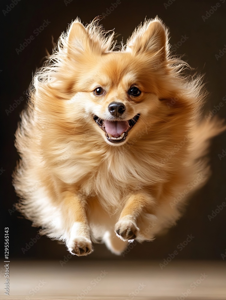 Aufkleber happy pomeranian dog leaping in the air with playful expression and vibrant fur : generative ai