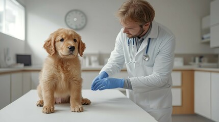 Veterinarian examines fluffy golden retriever puppy at modern clinic