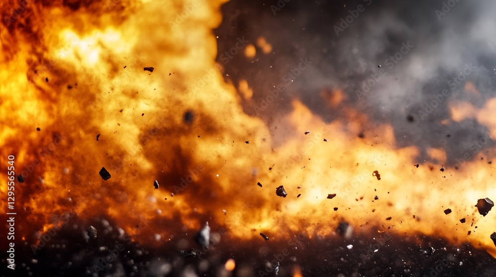 Poster intense explosive blast with fire flames and erupting debris : generative ai
