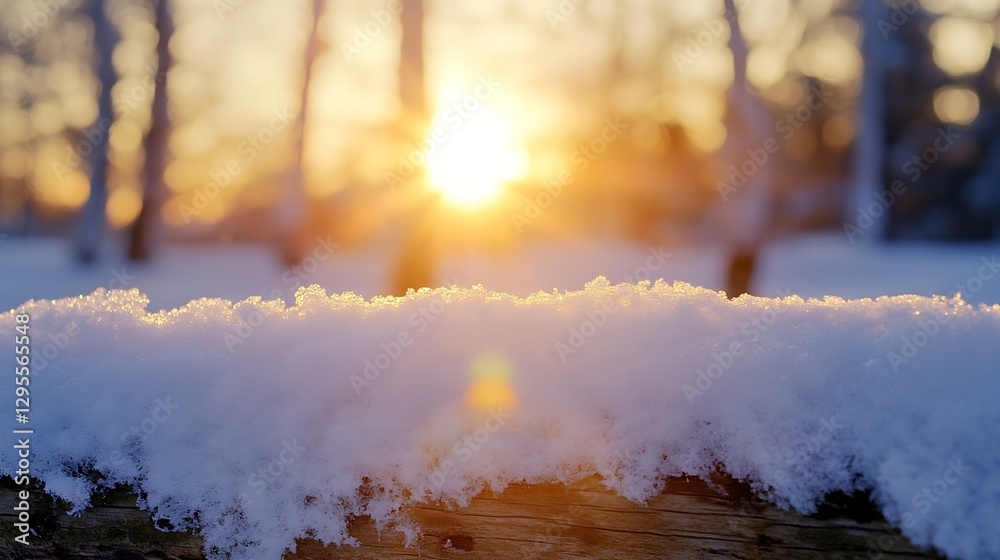 Poster A close-up view of snow covering a log with a warm sun glowing in the background creating a serene winter landscape : Generative AI