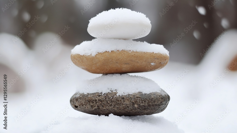 Poster Three stacked stones covered with fresh snow symbolizing balance and harmony in nature : Generative AI