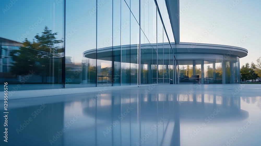 Poster sleek modern architecture featuring large glass windows and reflective surfaces : generative ai
