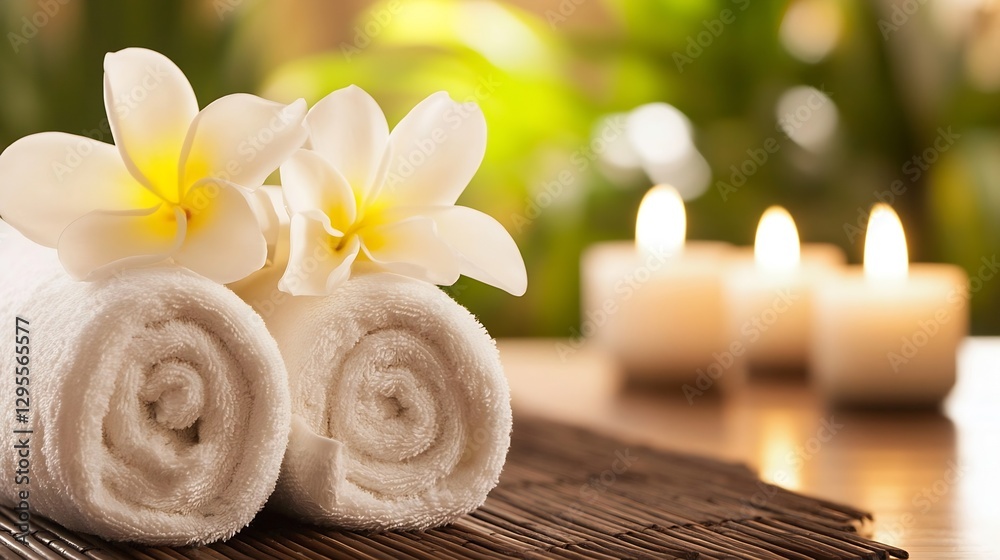 Poster relaxing spa setup with soft white towels and frangipani flowers for ultimate tranquility : generati
