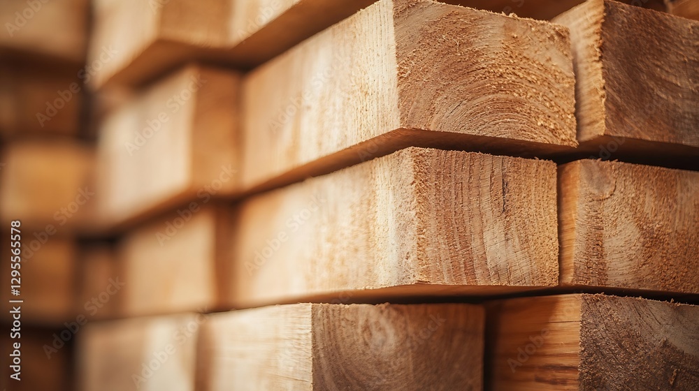 Poster closeup of neatly stacked timber lumber planks in a construction yard : generative ai