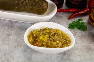 Souce gherkin relish with marinated cucumbers