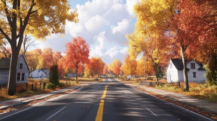 Asphalt road lined with autumn foliage and houses on each side