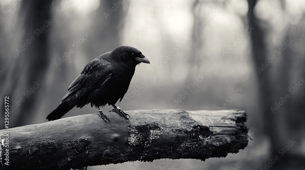 Aufkleber elegant black crow perched on a log in a misty forest with natural light : generative ai
