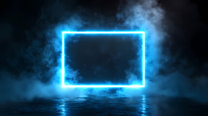 Neon Blue Light Frame in Smoke with Reflections