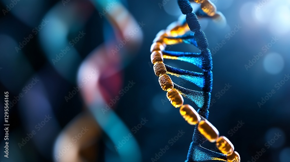 Poster Close up view of colorful DNA double helix structure with bright background highlighting scientific discovery : Generative AI