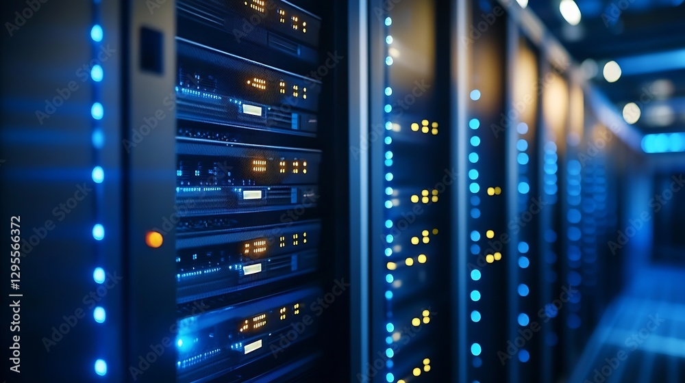 Poster high-tech data center featuring server racks with led indicators in a modern digital environment : g