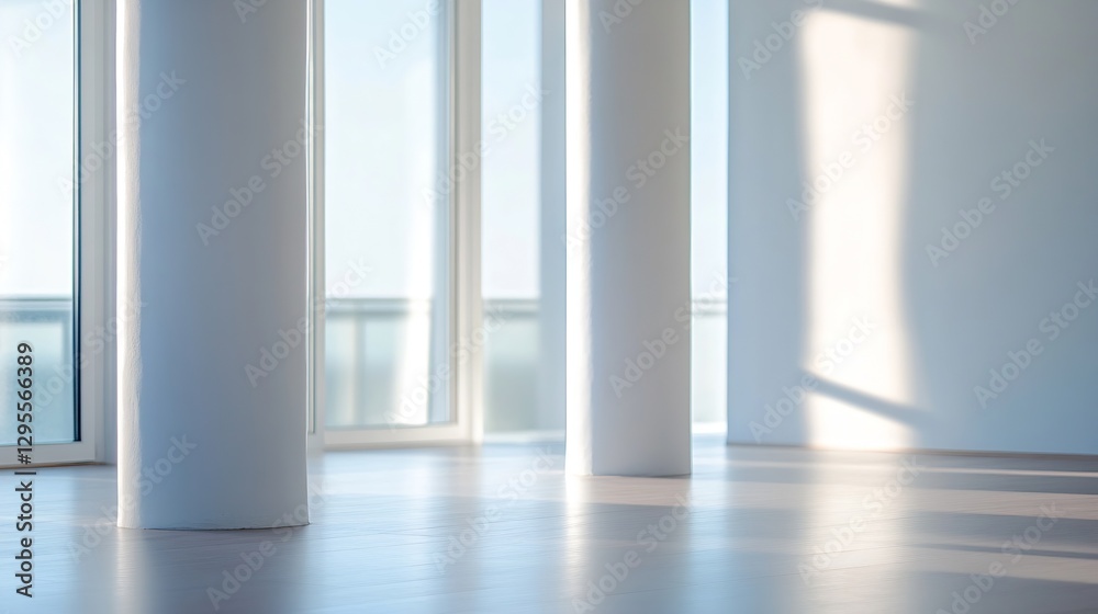 Fototapete minimalist interior design of an empty room with large windows and soft natural light casting shadow
