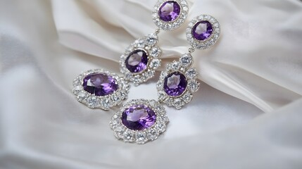 A set of elegant gemstone earrings featuring amethysts and diamonds, arranged neatly on a white cloth