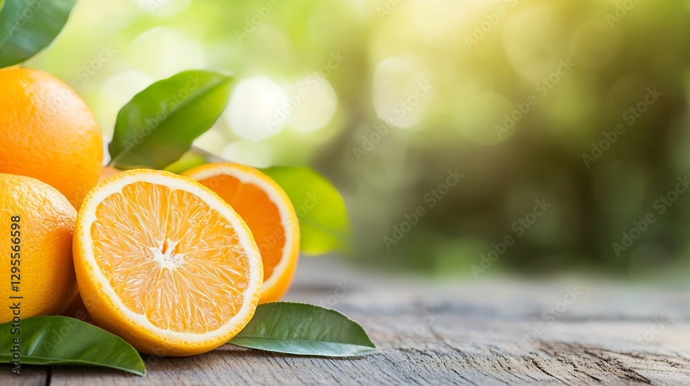 Aufkleber citrus oranges sliced and whole with green leaves on rustic wooden table in sunlight : generative ai
