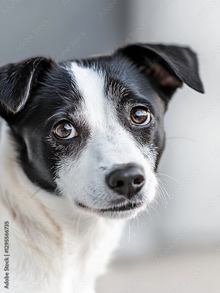 Poster adorable black and white dog looking directly at the camera with expressive eyes and a curious expre