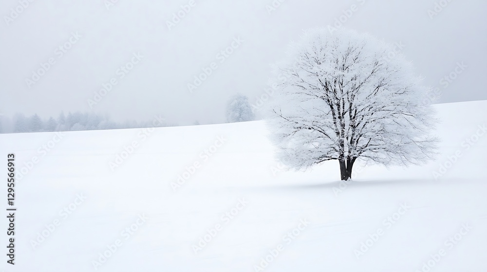 Poster isolated winter scene featuring a lone tree in a vast expanse of white snow : generative ai