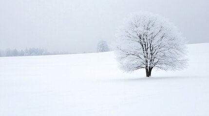 Fototapeta premium Isolated winter scene featuring a lone tree in a vast expanse of white snow : Generative AI