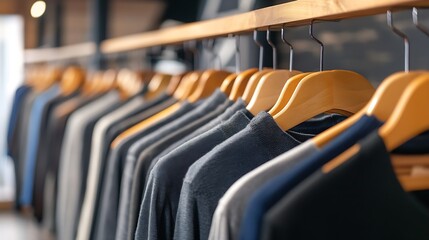 Obraz premium Stylish array of hanging clothes in a modern boutique showcasing casual apparel on wooden hangers : Generative AI