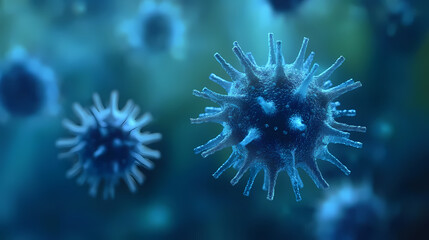 Blue and Green Virus Particles Under Microscope