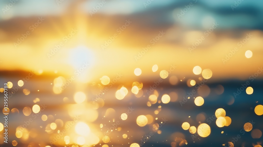 Poster Warm Hues of a Golden Sunset Over a Sparkling Ocean with Bokeh Effects Creating Dreamy Atmosphere : Generative AI