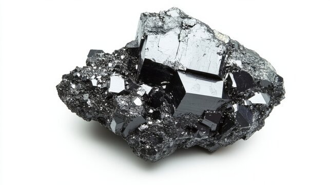 Coarse piece of tungsten ore wolframite with metallic shine on white background