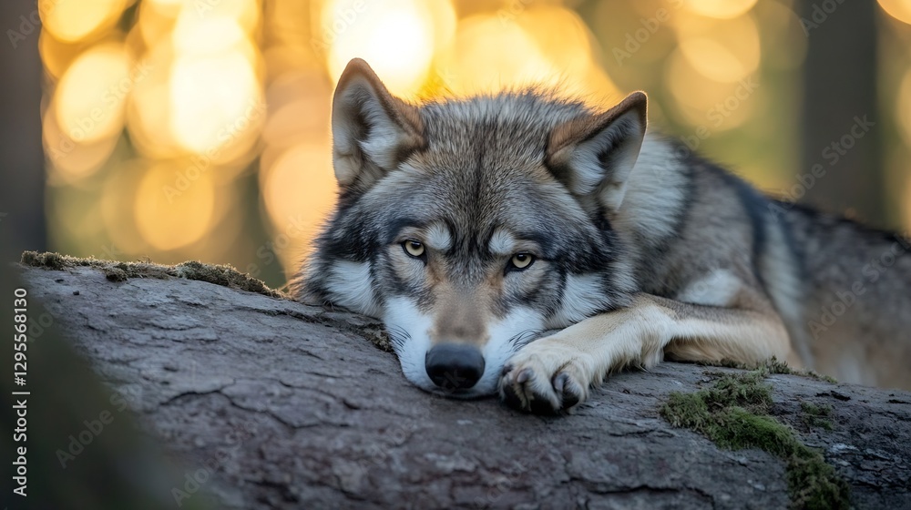 Poster CloseUp of a Resting Wolf in a Forest with Bokeh Background Highlights : Generative AI