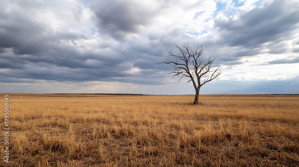 Poster lonely tree in a vast dry field under dramatic cloudy sky on a distant horizon : generative ai