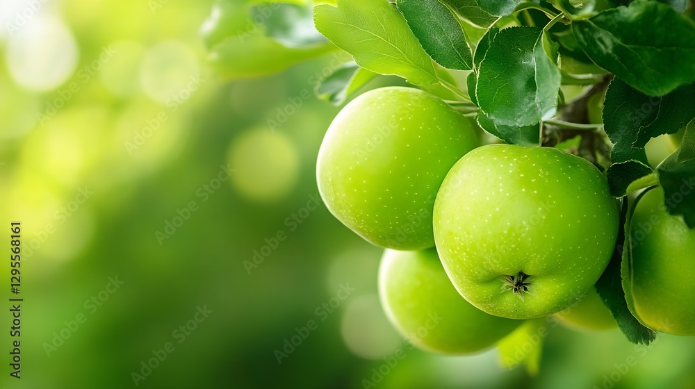 Aufkleber fresh green apples hanging on a branch in lush foliage under soft natural light : generative ai