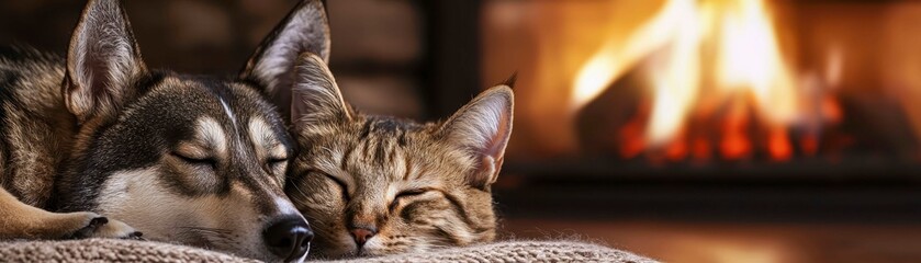 Serene Duo a Tranquil Cat and Dog Napping Comfortably by the Fireplace Radiating Warmth and Peace