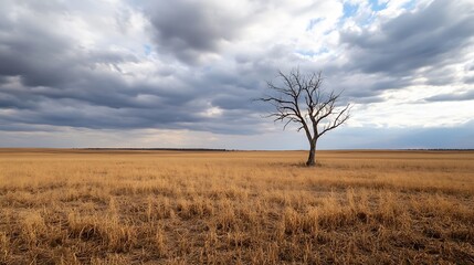 Lonely Tree in A Vast Dry Field Under Dramatic Cloudy Sky on a Distant Horizon : Generative AI