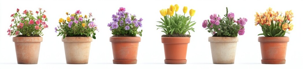 Colorful potted plants in terracotta pots against a white background (1)