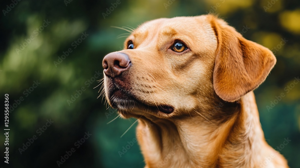 Poster Portrait of a Labrador Retriever dog with a thoughtful expression against a blurred background of nature : Generative AI