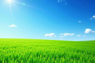 Obraz premium Vibrant green grass field under clear blue sky in springtime, lawn, grass