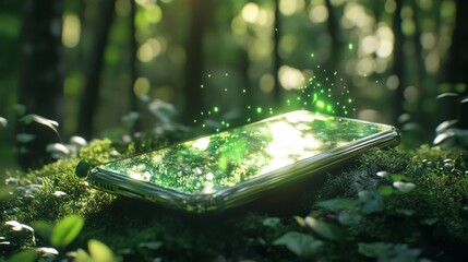 Magical smartphone among lush forest nature scene digital art enchanted environment close-up view fusion of technology and nature