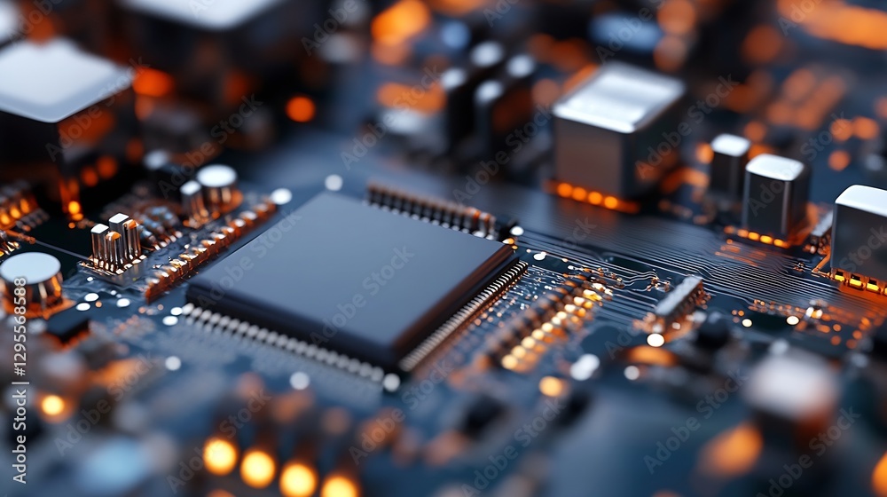 Aufkleber Detailed Macro Shot of Computer Hardware Circuit Board with Warm Lighting : Generative AI