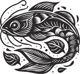 Intricate black and white illustration of a koi fish surrounded by swirling leaves and patterns