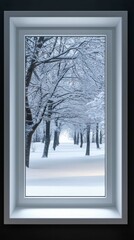Winter Wonderland View from Inside Framed Window with Snowy Trees and White Ground Cover Scenery