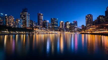 Obraz premium Stunning City Skyline at Night with Colorful Reflections in Calm Water : Generative AI