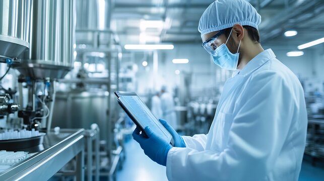 Medical laboratory professional inspecting production process with tablet in hand : Generative AI