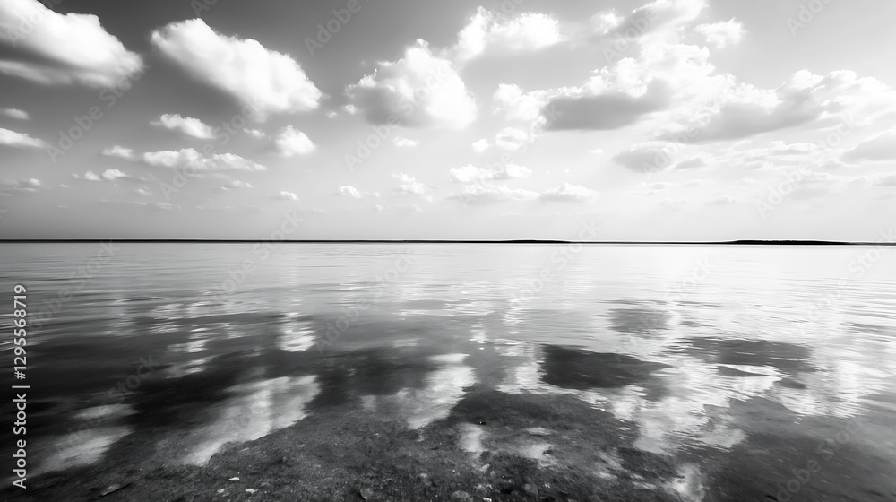 Poster black and white landscape featuring clouds reflections on still water surface creating calmness : ge