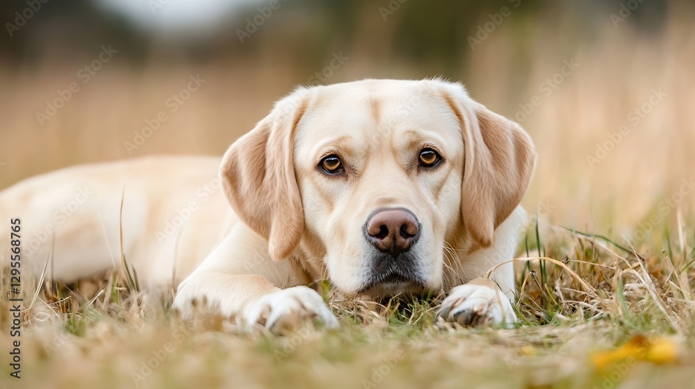Poster Adorable golden retriever laying in a grassy field with a calm expression and beautiful fur : Generative AI