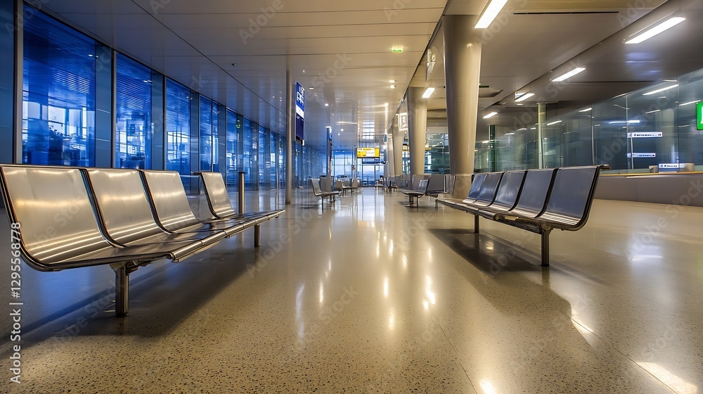 Poster empty modern airport terminal with sleek benches and ample natural light illuminating the space : ge